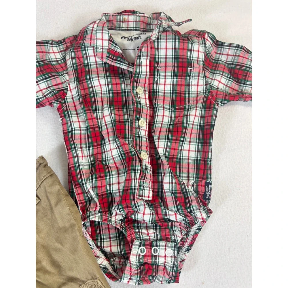 OshKosh Bgosh Baby Boy 6M Plaid Bodysuit and Khaki Cargo Pants Outfit Set Rd Grn